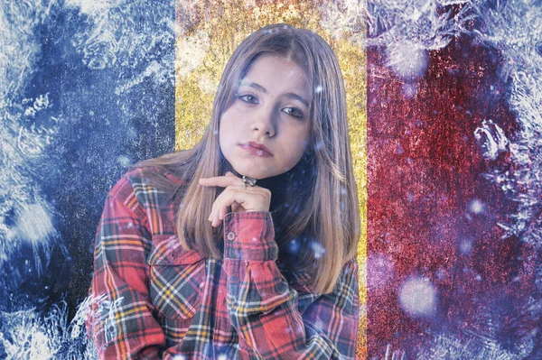 Teenage Girl Frozen Background Flag Belgium Concept Crisis Europe Winter — Stock Photo, Image