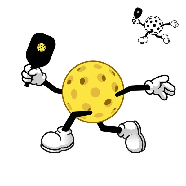 Pickleball, Siyah ve Beyaz Çizgili Top Vuruşu, Spor Malzemeleri, Vektör Karakter Çizimi, Karikatür Maskot Logosu İzole Beyaz Arkaplanda.