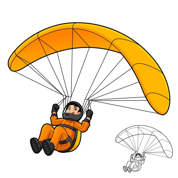 Man Riding Parachute Black White Line Art Drawing Extreme Sports — Stock Vector