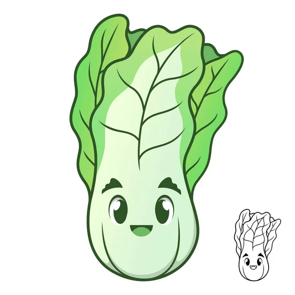 Cute Happy Chinese Cabbage Black White Line Art Drawing Vegetables Stok Ilustrasi 