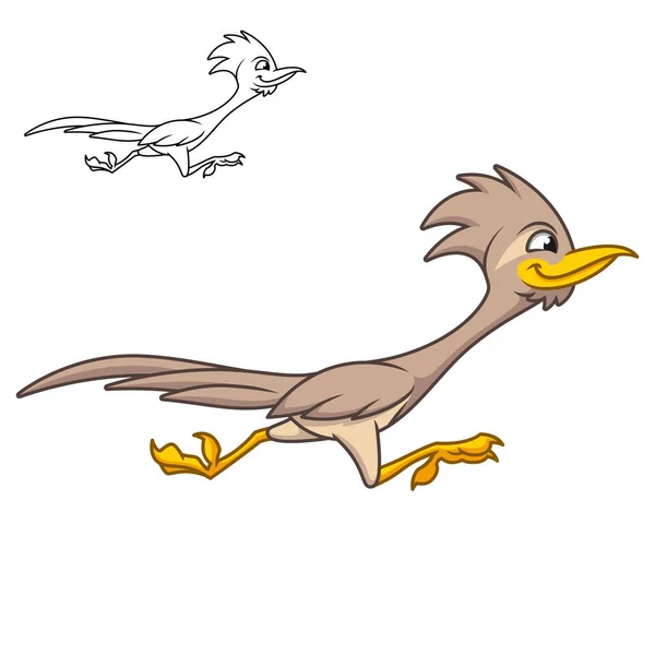 黒と白のラインで速く走るかわいいハッピーロードランナー鳥アート図面 ベクトルキャラクターイラスト アウトライン漫画マスコットのロゴ孤立した白の背景 — ストックベクタ