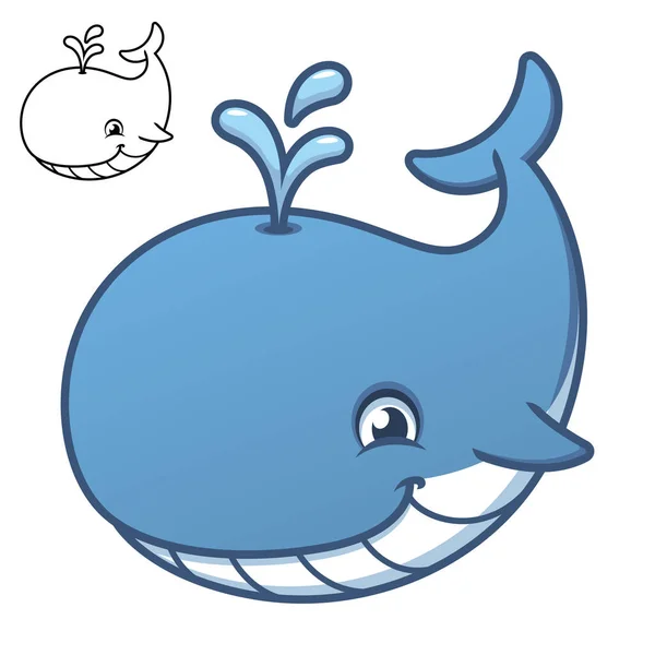 黒と白のラインアートの描画 水生と海洋生物 ベクトルキャラクターイラスト アウトライン漫画マスコットのロゴを持つかわいい幸せな赤ちゃんクジラ隔離された白の背景 — ストックベクタ