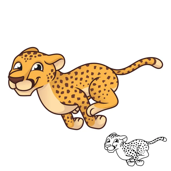 Cute Happy Cheetah Running Fast Black White Line Art Drawing — Stock Vector