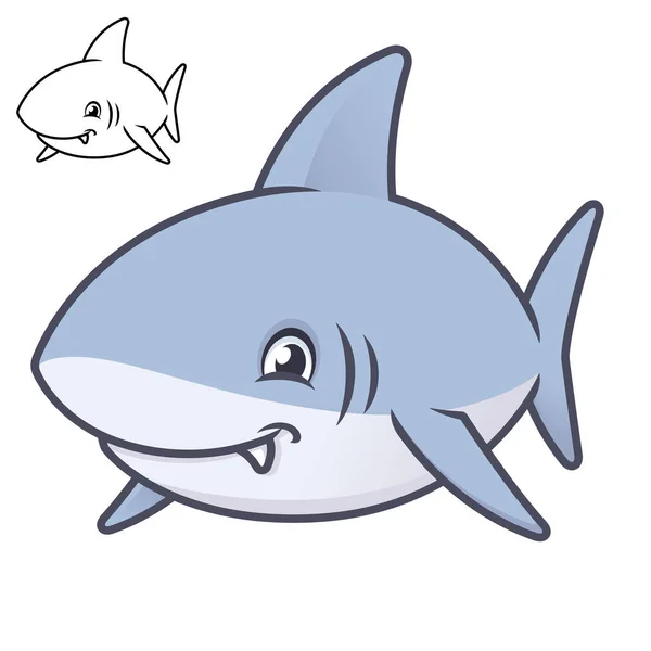 黒と白のラインアートの描画 水生と海洋生物 ベクトルキャラクターイラスト アウトライン漫画マスコットのロゴを持つかわいい幸せな赤ちゃんサメ孤立した白の背景 — ストックベクタ