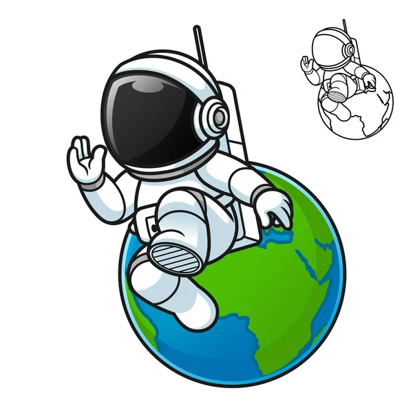 Cute Astronaut Walking Space Earth Black White Line Art Drawing Лицензионные Стоковые Векторы