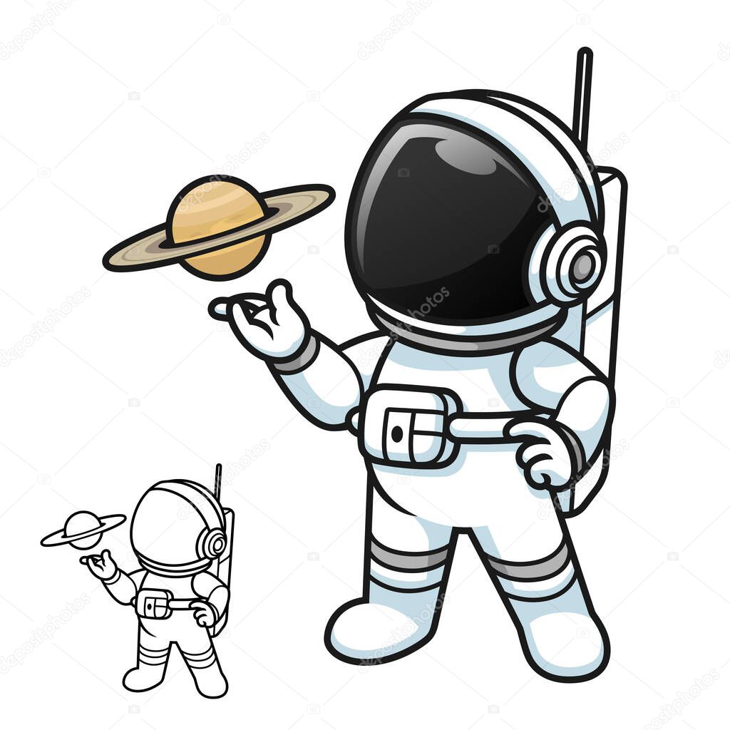 Cute Astronaut with Hand Presenting Planet Saturn with Black and White Line Art Drawing, Science Outer Space, Vector Character Illustration, Outline Cartoon Mascot Logo in Isolated White Background.
