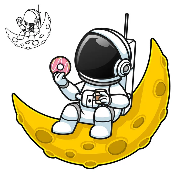 Astronaut Holding Coffee Donuts Crescent Moon Black White Line Art Stok Vektor