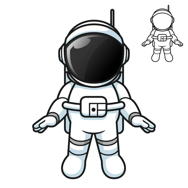 可爱的宇航员站在空间 用黑白线条画 科学外层空间 矢量人物画 孤立的白色背景下的卡通吉祥物标识 — 图库矢量图片