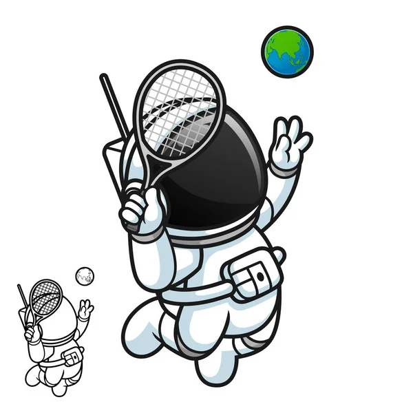 Cute Astronaut Playing Tennis Earth Globe Ball Black White Line — 스톡 벡터