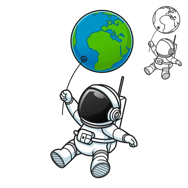 Cute Astronaut Flying Holding Earth Globe Balloon Black White Line — Διανυσματικό Αρχείο