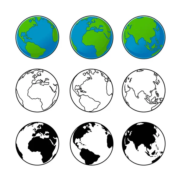 具有轮廓 黑白线条艺术绘图 世界地图 矢量卡通图解 孤立的白色背景中的符号图标符号轮廓元素的地球环球世界 矢量图形