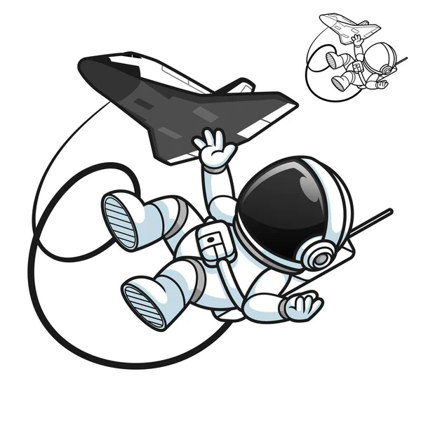 带有黑白线条画图的航天飞机上的可爱宇航员滑翔 科学外层空间 矢量人物形象图解 孤立的白色背景下的卡通吉祥物标识轮廓 免版税图库插图