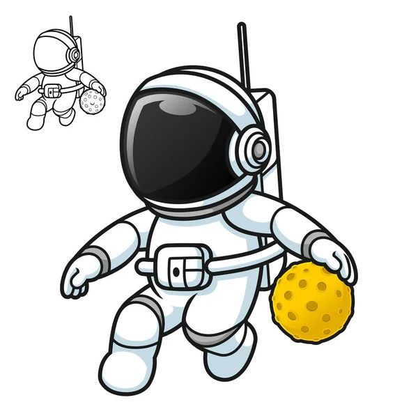 Cute Astronaut Playing Basketball Moon Ball Black White Line Art — 스톡 벡터