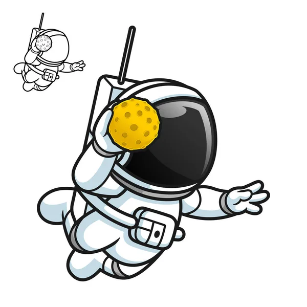 Cute Astronaut Playing Handball Moon Ball Black White Line Art — Stock Vector
