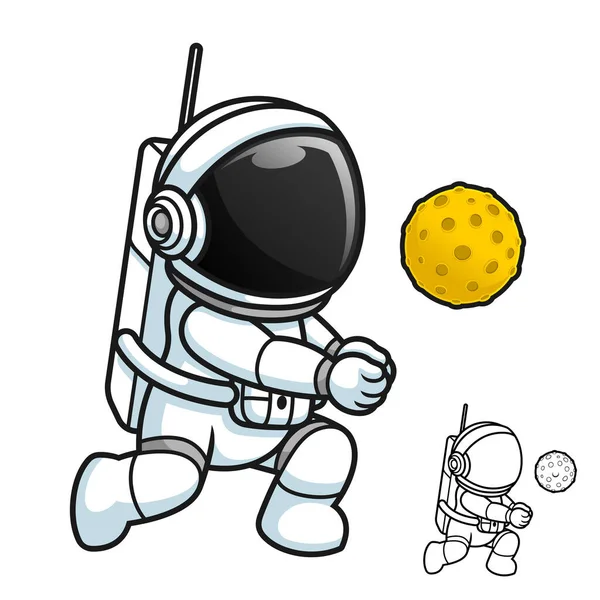 Cute Astronaut Playing Volleyball Moon Ball Black White Line Art — стоковий вектор