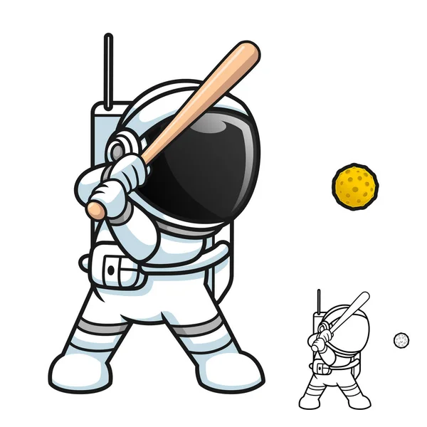 Cute Astronaut Playing Baseball Moon Ball Black White Line Art — Stock vektor