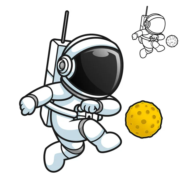 Cute Astronaut Playing Football Moon Ball Black White Line Art — 스톡 벡터