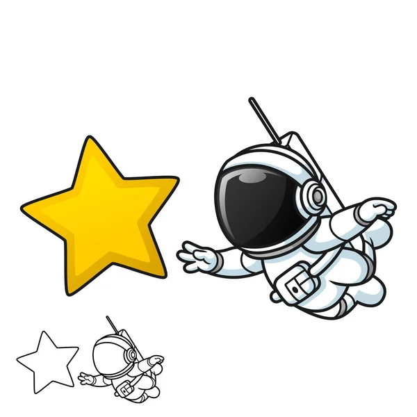 Cute Astronaut Floating Reaching Star Black White Line Art Drawing — стоковий вектор