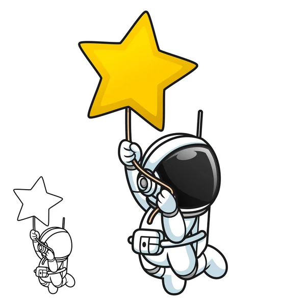 Cute Astronaut Hanging Star Black White Line Art Drawing Science — 스톡 벡터