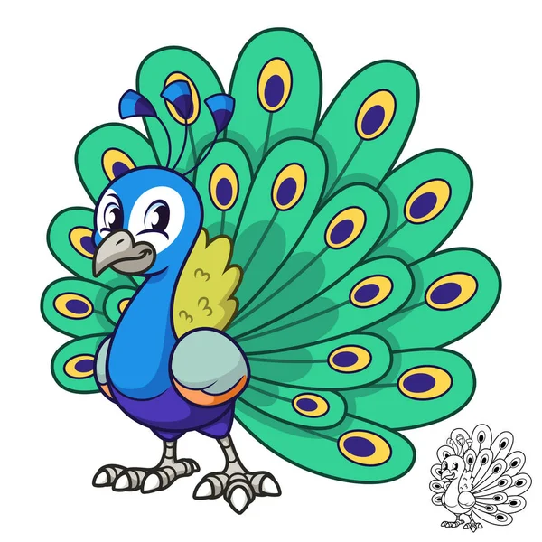Schattige Peacock Staande Met Zwart Wit Lijn Kunst Tekenen Dieren — Stockvector