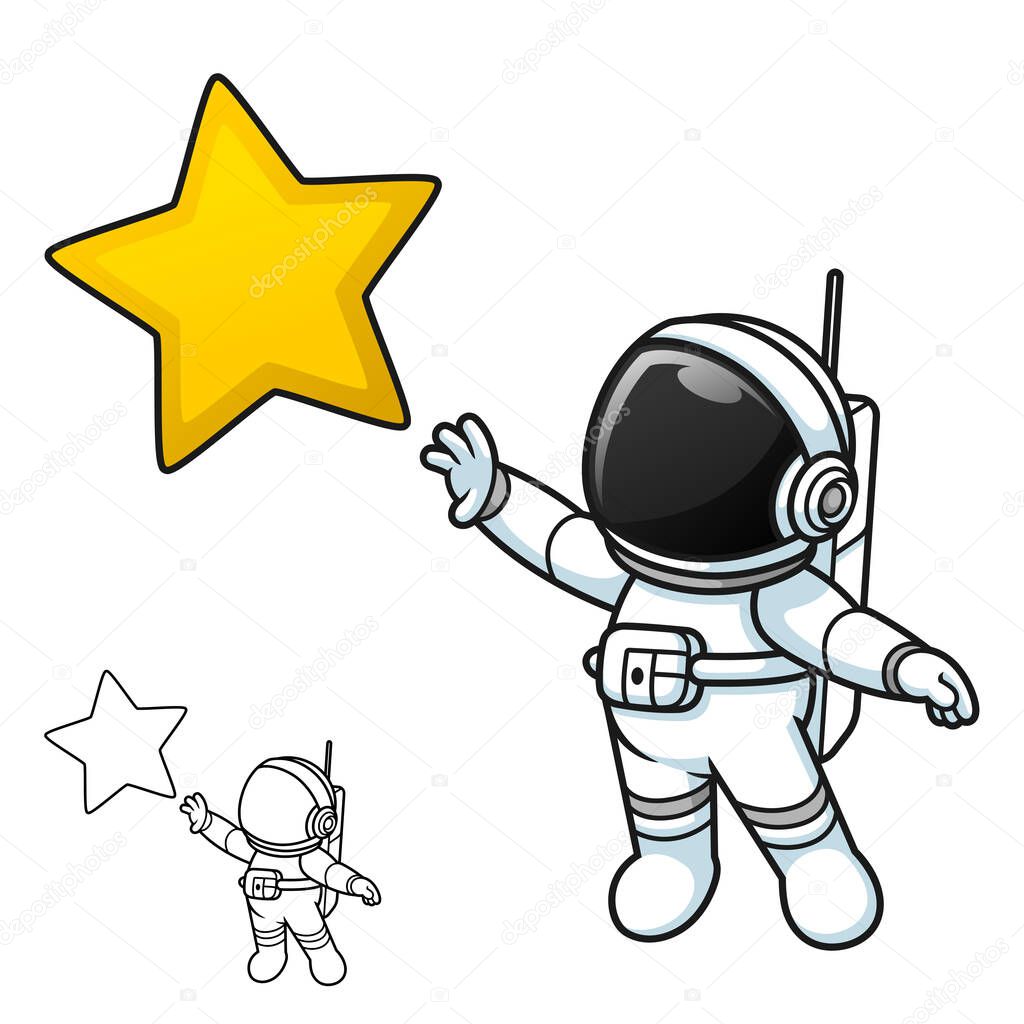 Cute Astronaut Standing Reaching Star with Black and White Line Art Drawing, Science Outer Space, Vector Character Illustration, Outline Cartoon Mascot Logo in Isolated White Background