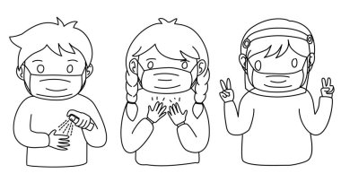 Güzel çizgiler. Çocuk alkol spreyi, eldiven, yüz maskesi, yüz maskesi kullanıyor. Kendini koruyor.