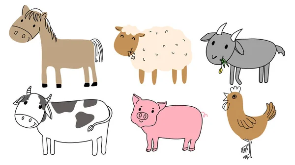Línea Garabatos Lindo Arte Dibujos Animados Animales Granja Caballo Ovejas — Vector de stock