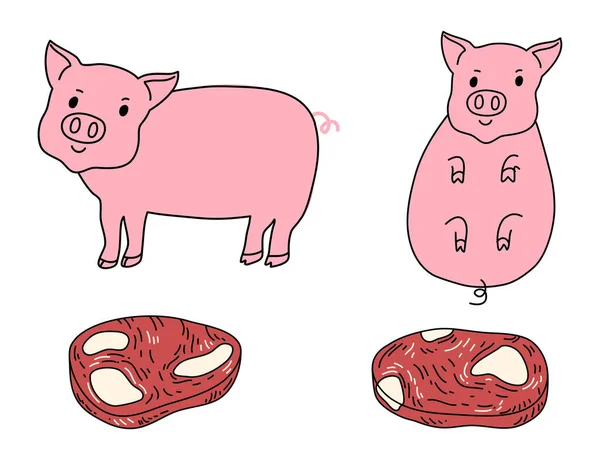 农场动物可爱的涂鸦线艺术漫画 猪肉片牛排 — 图库矢量图片