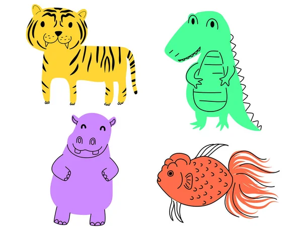 Lindo Doodle Línea Dibujos Animados Animales Salvajes Tigre Cocodrilo Hipopótamo — Vector de stock