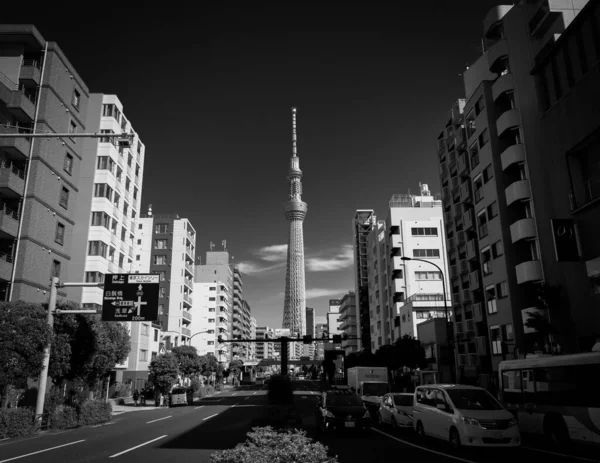 Arka Planda Skytree Olan Asakusa Bölgesinde Bir Sokağa Bakıyorum — Stok fotoğraf
