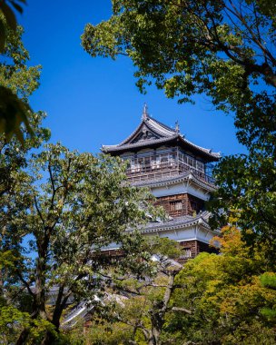 Hiroşima Kalesi 'ndeki ağaçların arasından bakıldığında orijinali 1945' teki atom bombasıyla yok edildi ve bu 16. yüzyıl kopyası 1958 'de Japonya' nın Hiroşima şehrinde inşa edildi..