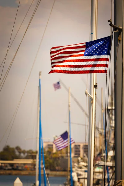 American Flag Flies Blowing Wind Sailboat Glorietta Bay Coronado California — Fotografia de Stock