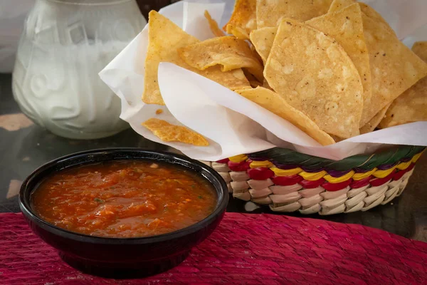 Delicious Mexican Appetizer Large Basket Chips Bowl Salsa Sits Table —  Fotos de Stock