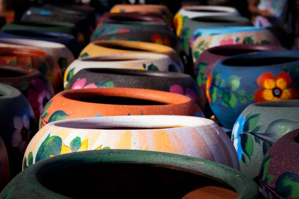 Rows Colorful Pottery Sit Warming Sun Old Town San Diego — Stok fotoğraf