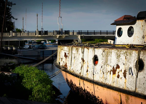 Sun Warms Bow Old Fishing Trawler Moored River Two Rivers — Stok fotoğraf