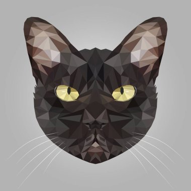 Düşük polimer sanat vektörlerinde sarı gözlü kara kedinin yüzü. Siyah hayvanın geometrik üçgeni izole kristal tasarım çizimi.