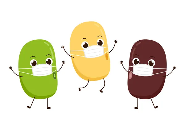 Bean字符设计 大豆和孟豆的角色设计 戴着面具的豆片卡通片 — 图库矢量图片