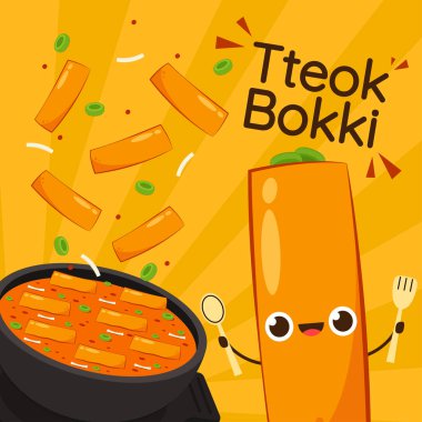 Tteokbokki noodle vektörü. Tteokbokki karakter tasarımı. Baharatlı pirinç keki. Kore yemek posteri.