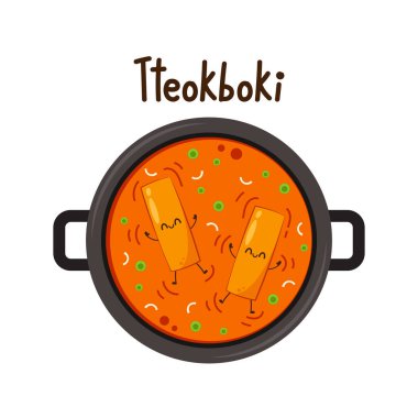 Tteokbokki noodle vektörü. Tteokbokki karakter tasarımı. Baharatlı pirinç keki..