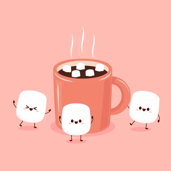 Personajes Divertidos Malvaviscos Taza Café Marshmallows Diseño Carácter Caricatura Postre — Vector de stock