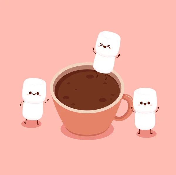 Personagens Engraçados Marshmallows Xícara Café Marshmallows Design Caráter Desenhos Animados — Vetor de Stock