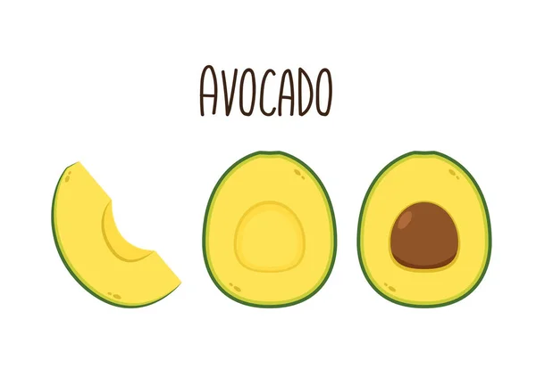 Avocado Karikatur Avocado Illustrationen Isoliert Auf Weißem Hintergrund Scheiben Und — Stockvektor
