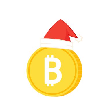 Bitcoin logo tasarımı. Altın bitcoin vektörü. Bitcoin ve Noel Baba şapka vektörü.