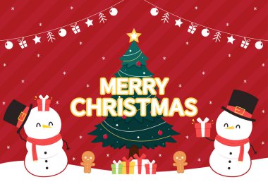 Mutlu Noel posterleri. Kardan adam karakter tasarımı. Kırmızı arkaplanda Kardan Adam vektör çizimi.