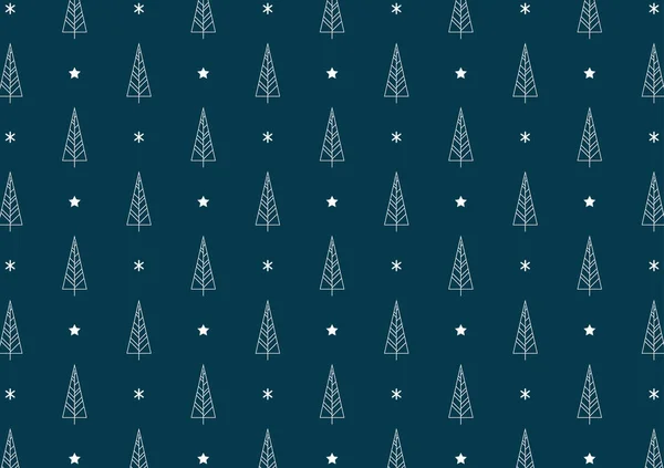 クリスマスツリーと雪の結晶 シームレスな青の背景 青い背景に白いクリスマスツリーと雪の結晶とベクトル フラットパターン — ストックベクタ