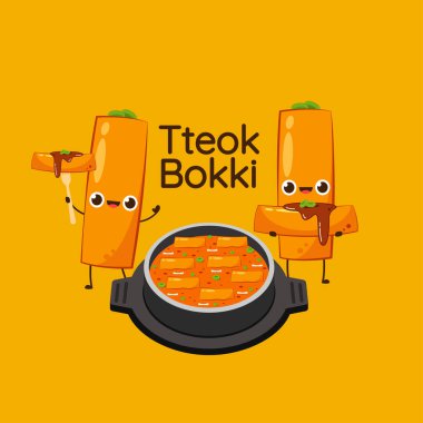 Tteokbokki noodle vektörü. Tteokbokki karakter tasarımı. Baharatlı pirinç keki..