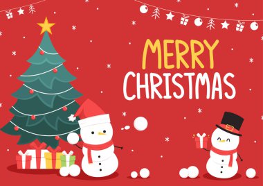 Mutlu Noel posterleri. Kardan adam karakter tasarımı. Kırmızı arkaplanda Kardan Adam vektör çizimi.