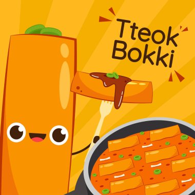 Tteokbokki noodle vektörü. Tteokbokki karakter tasarımı. Baharatlı pirinç keki..
