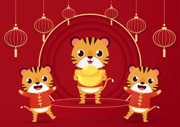 Mutlu Çin Yeni Yılı 2022 posteri. Yeni Çin tebrik kartı 2022 'de şirin bir kaplanla mutlu yıllar. Kaplan karakter tasarımı.