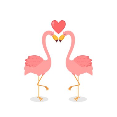 Flamingo karikatür vektörü. Sevgililer Günü kartpostalında aşık flamingolar var. Pembe kuşlar. Sonsuza dek aşk. Mektup. Kalp.